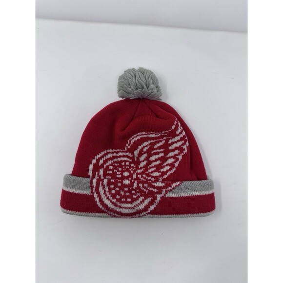 Vintage NHL Detroit Red Wings Hockey Cuffed Beanie Pom Pom Red White Grey - Picture 1 of 10